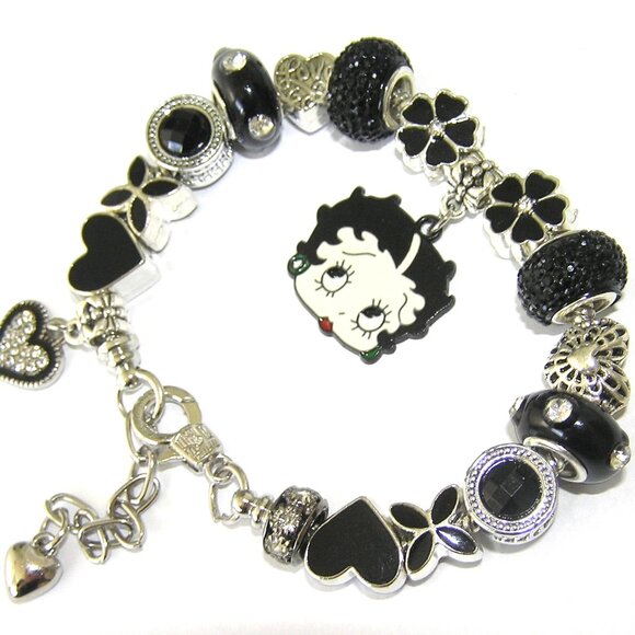 Betty Boop Bracelet With Stylish Black European Beads & Charms, Crystals, Hearts - Picture 3 of 6